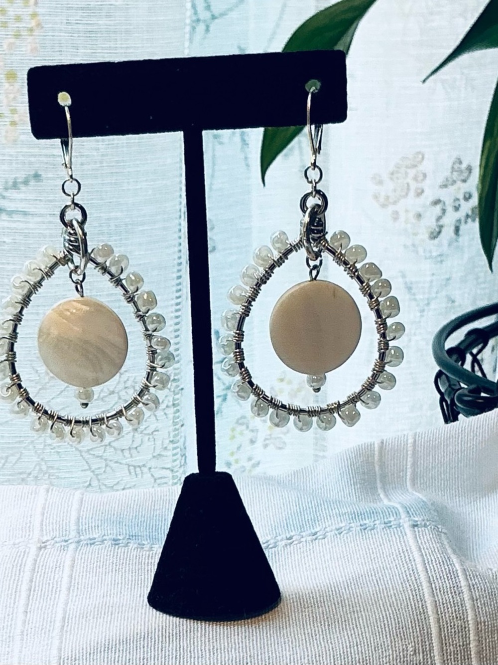 Handcrafted Silver Hoop Earrings with Cream Stone Accents R&R designs